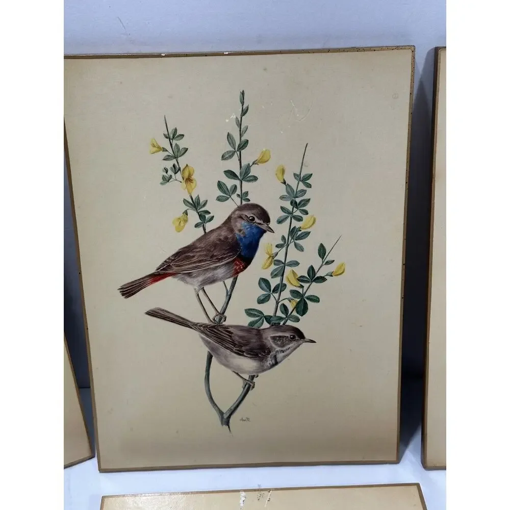Sewell Signed Wooden Plaques Wall Decor Birds Wagtail Titmouse Set 4 VTG England